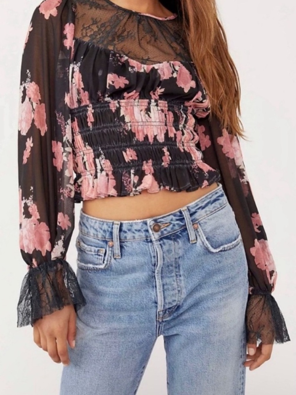 Free People Daphne Blouse Black Floral Ruching Sweet Feminine Details